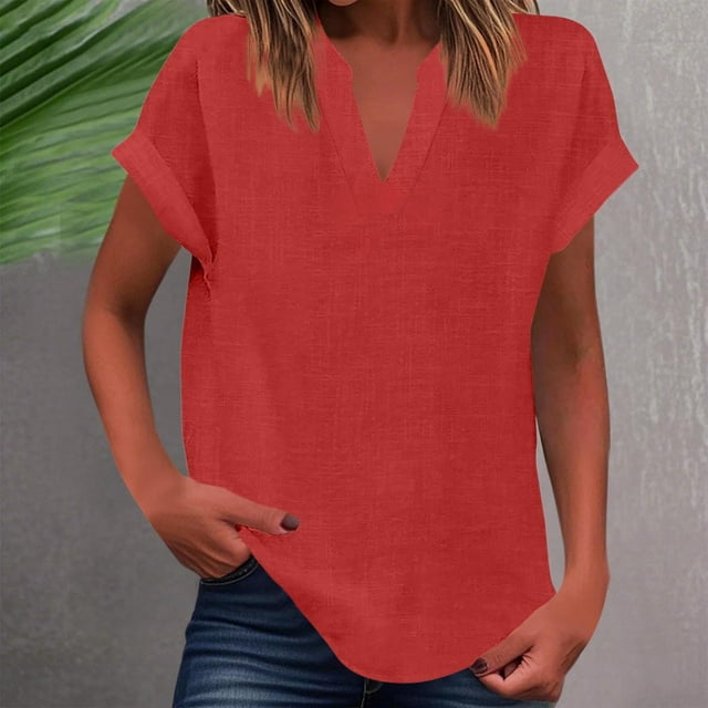 Hauts pour Femmes DYTTDG T-Shirt Uni Col en V Manches Courtes Mode Décontracté Ample Liquidation Moins de 10 Rouge,m