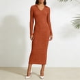 thumbnail image 2 of QHFBli Womens Ribbed Knit Sweater Dress Casual Long Sleeve V Neck Bodycon Pleated A Line Long Dress Streetwear, 2 of 4