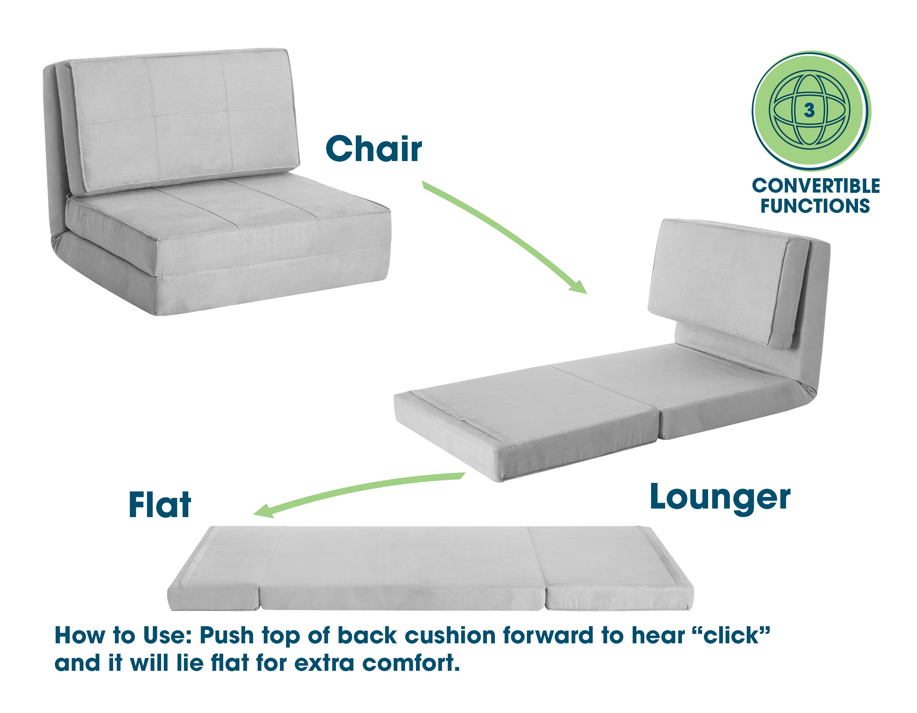 Your Zone Ultra Soft Suede 3 Position Convertible Lounge Flip