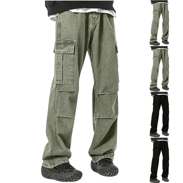 Styesk Men's Pants Men's Solid Color Pocket Work Pants Straight Leg Pants