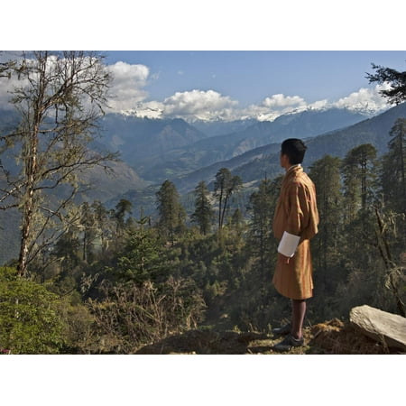 A Bhutanese Man in National Costume Views an Eastern Himalayan Mountain Range from the 11,000-Foot- Print Wall Art By Nigel Pavitt