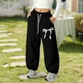 thumbnail image 2 of Girls High Waisted Uniform Jogger Pants Elastic Waist Drawstring Jogger Pants Cute Bow Printed Sports Pants with Pockets, Black 13-14Y, 2 of 4