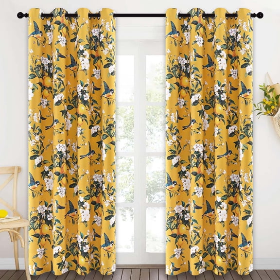 Alishomtll Floral Lemon Hummingbird Blackout Curtains Room Darkening Grommet Window Drapes for Living Room , 52" x84", ,Set of 2 Panels,Yellow