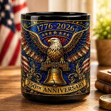 1776-2026 America 250th Anniversary Mug, We The People Patriotic Mug, USA Coffee Cup, Black Dad Gift, Stained Glass Effect 15oz Mug