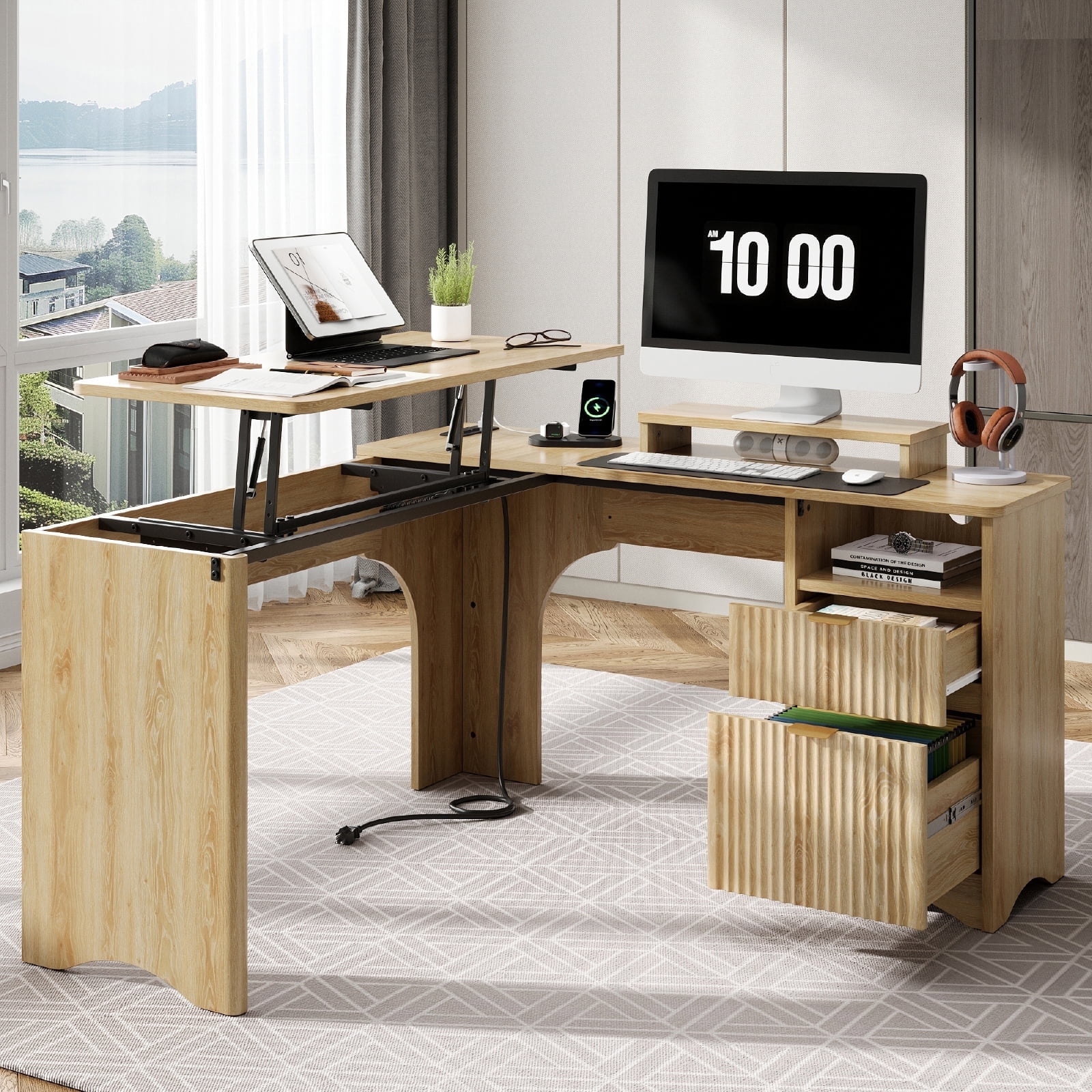 Bestier 55" L-shaped Computer PC Desk Lift Top with Power Outlets Storage Drawers and Monitor Stand, Log