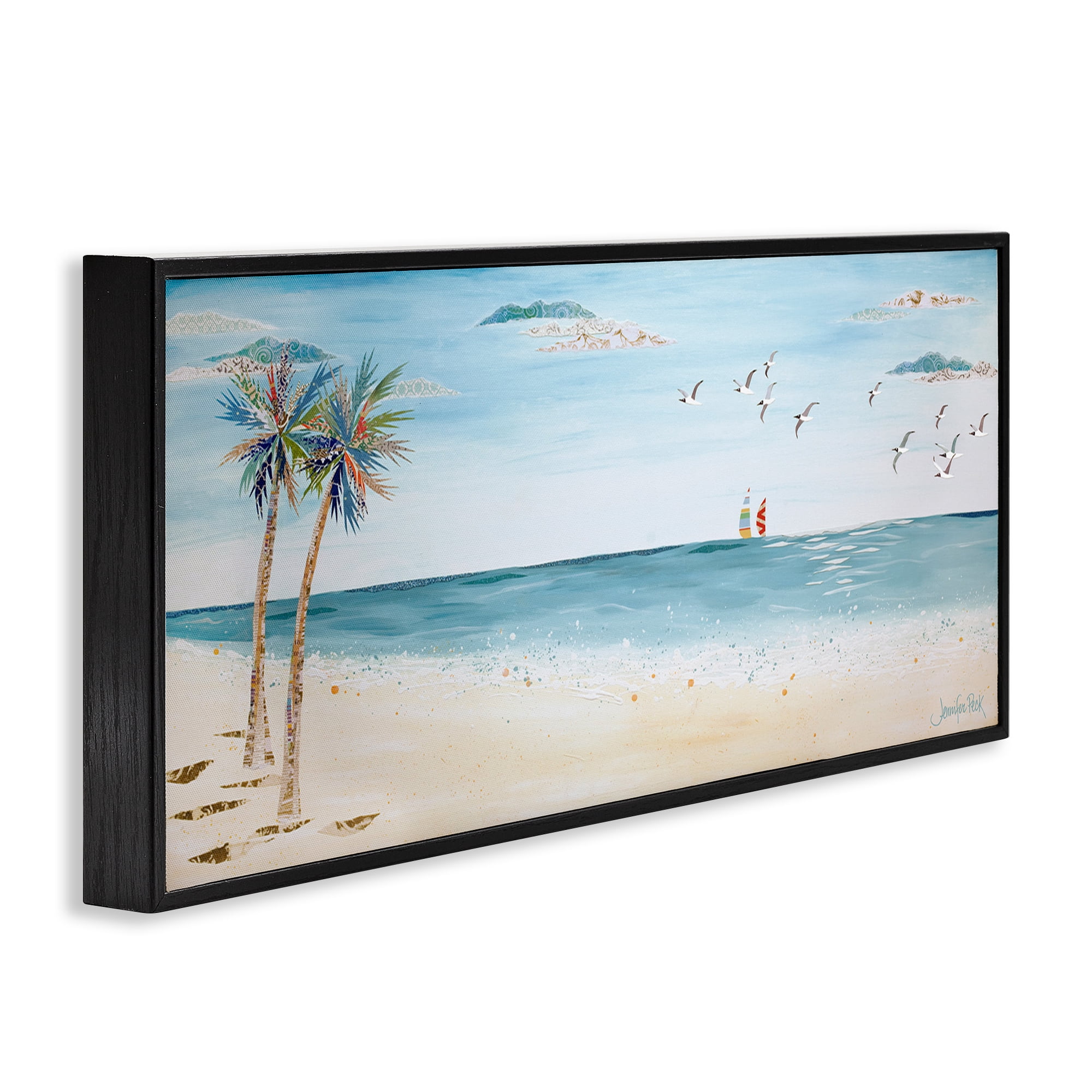 Stupell Industries Seagulls & Palm Beach Landscape Painting Black Framed Art Print Wall Art, 24 x 10
