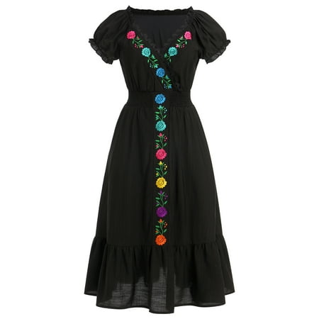 IBTOM CASTLE Women Mexican Fiesta Dress Summer Floral Embroidered Traditional Wear Beach Holiday Party Long Maxi Gown XL Black