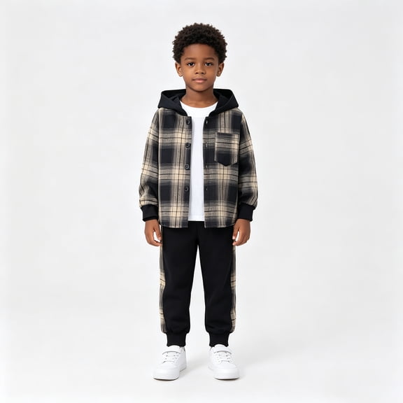 xaweyi Kids Boys Hooded Plaid Shirt Jacket and Sweatpants 2 Piece Matching Outfit Casual School Wear,Sizes 4 Years