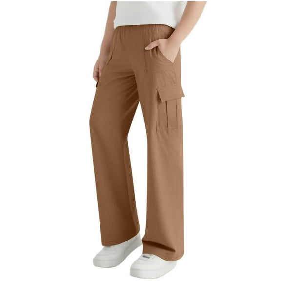 LpwkSSA Children's Cargo Pants Solid Color Elastic Waist Wide Soft Leg Work Pants with Pockets Mid Size Casual Fashion Loose Pants Brown 14 Years
