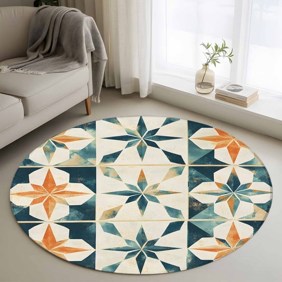 Teal Orange Geometric Round Rug 3ft Washable Circle Entryway Rugs Non Slip Vintage Chic Abstract Checked Area Rug Indoor Floor Carpet for Bedroom Kitchen Living Room Home Office Dining Room Nursery