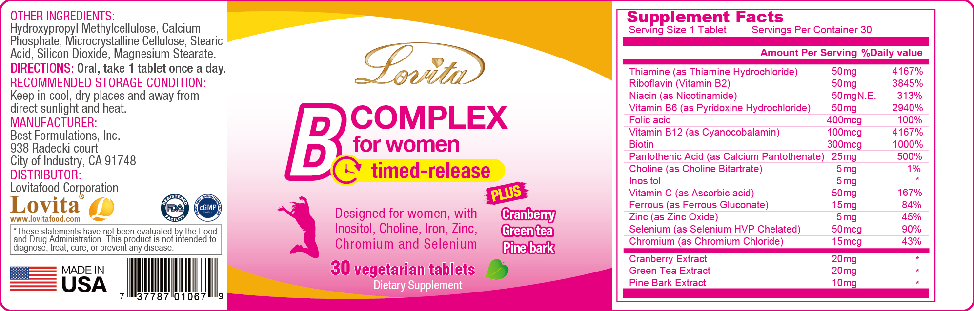 Lovita High Potent Vitamin B Complex for Women, Time Release, All B Vitamins with Iron, Vitamin C, Cranberry, Pine Bark, Green Tea for Energy, 30 Vegetarian Tablets (Pack of 3)