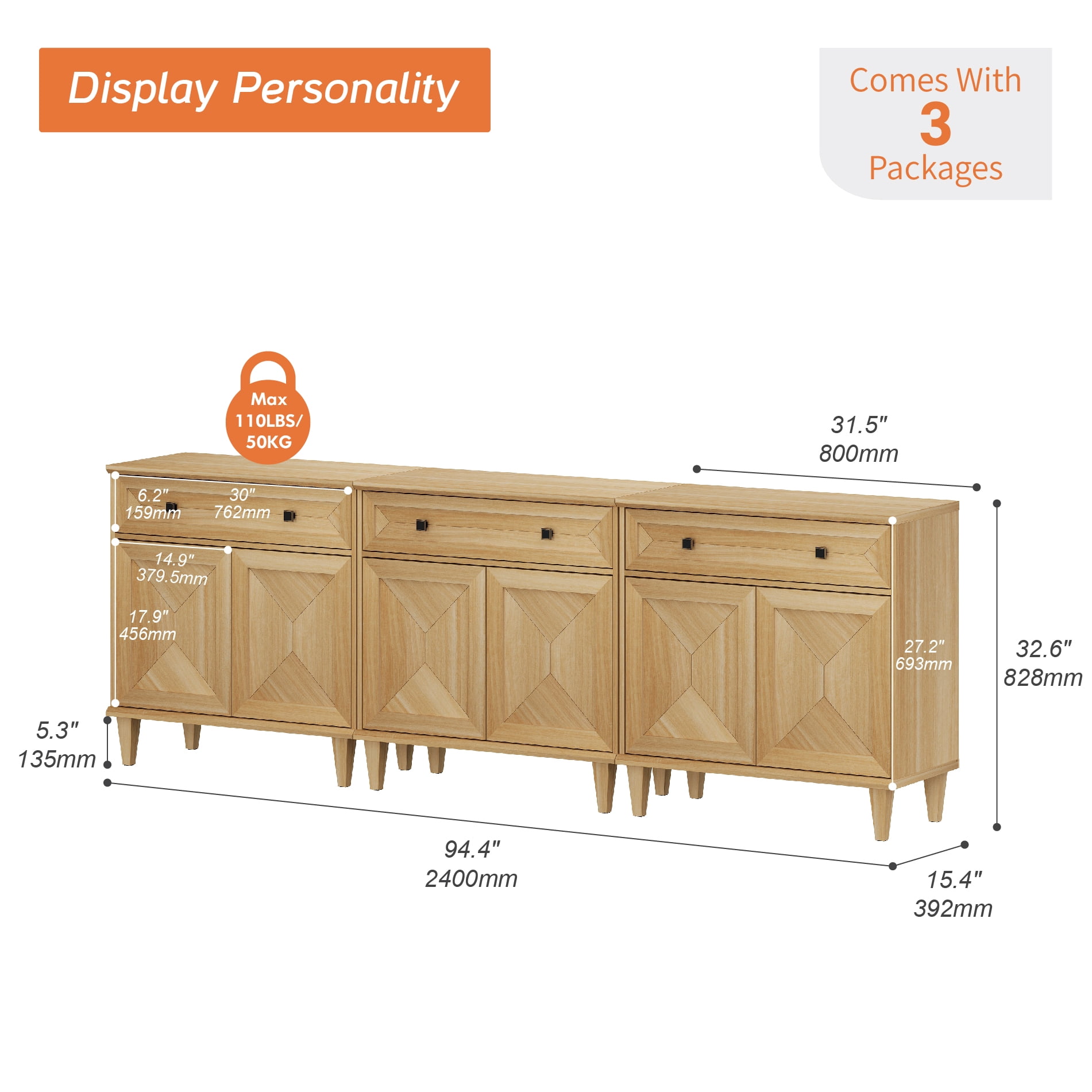 WAMPAT 3-in-1 Handmade Patchwork Buffet Cabinets,Oak