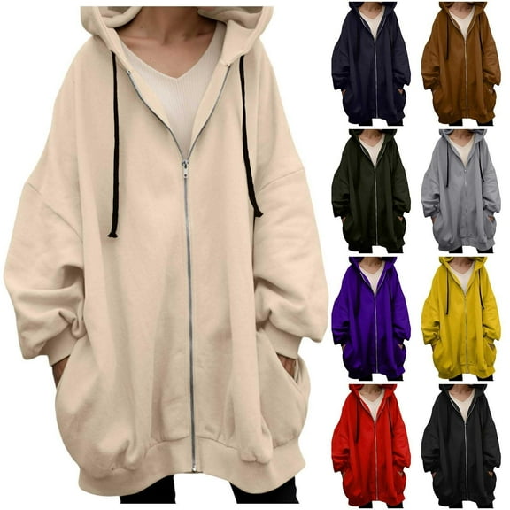 Fall/Winter Saving! HVOBTTY Women's Long Sweatshirt, Winter Coats for Women, Women's Casual Solid Color Hooded Collar Drawstring Pocket Hoodie Everyday Wear Sweatshirt Coat Black, M