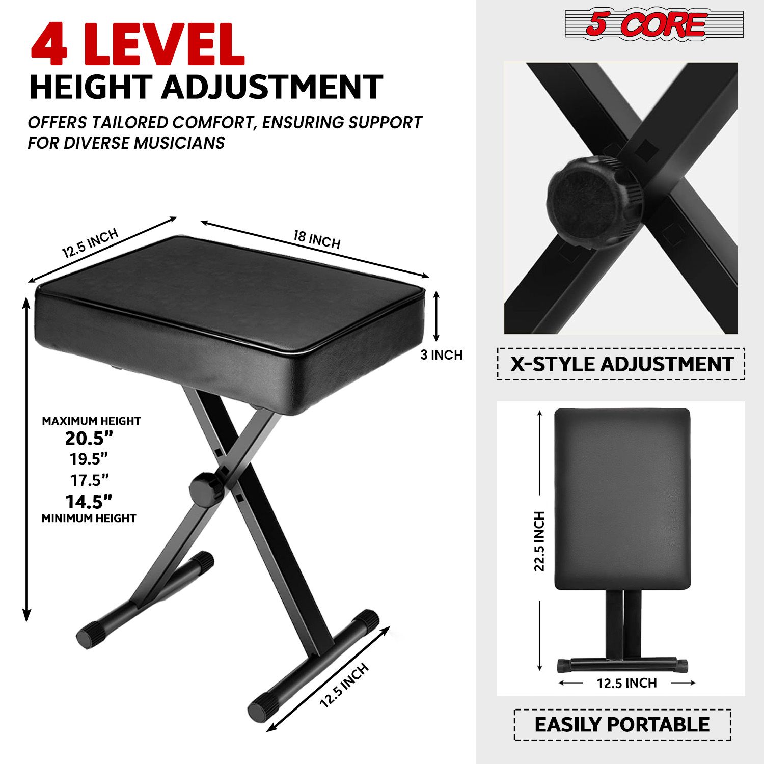 Keyboard Bench X Style Piano Stool Thick Padded Max 20.5 inch Height Adjustable Keyboards Chair,Black