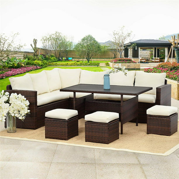 Weather Wicker Sectional Sofa Set, Couch Dining Table Set