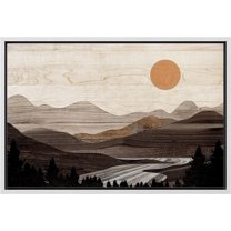 PixonSign Framed Canvas Print Wall Art River Mountain Range Forest Nature Wilderness Digital Art Wood Panel Landscape Farmhouse/Country Relax/Calm/Cozy Geometric Abstract - 24"x36" White