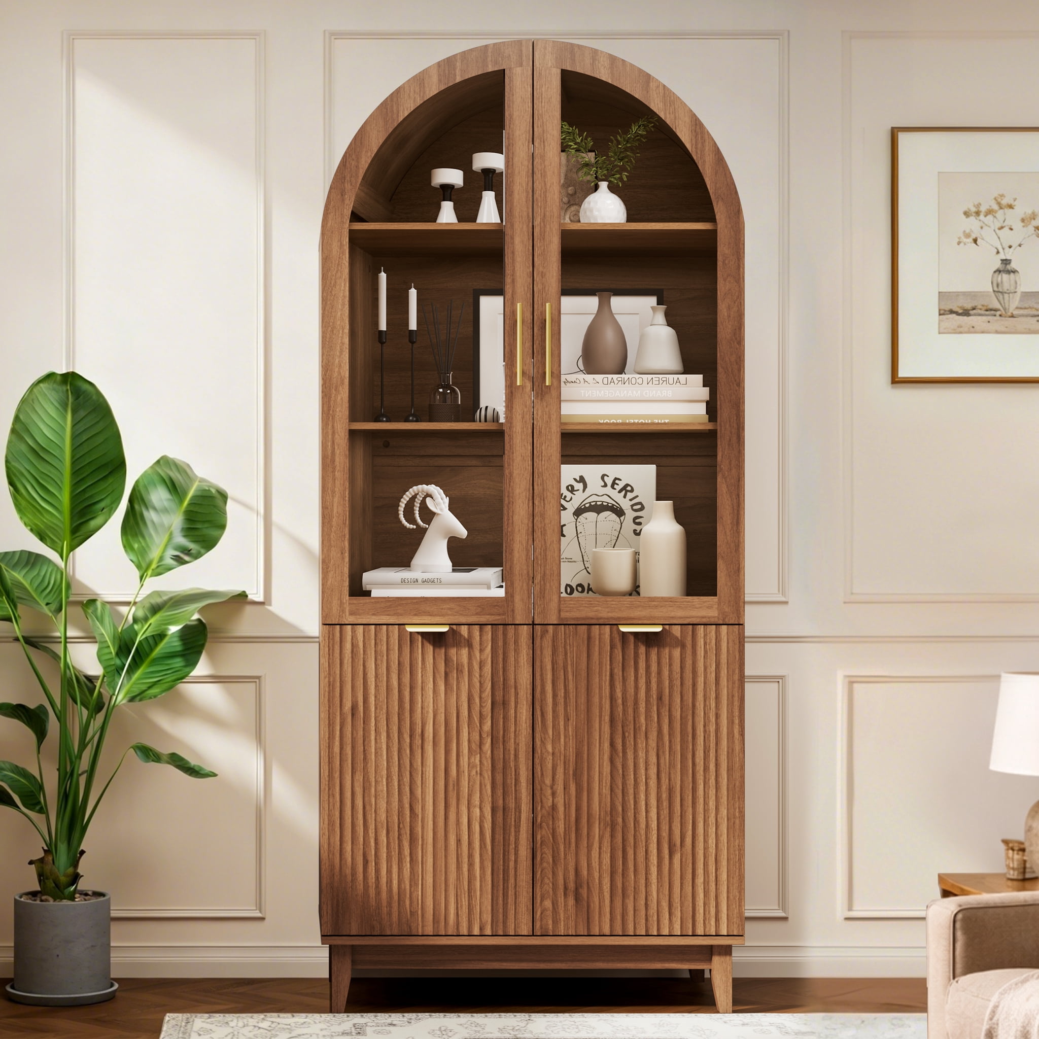 PamapicLife 71" Tall Walnut Arched Cabinet, Fluted Kitchen Pantry With Glass Doors, Adjustable Shelves
