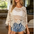 thumbnail image 2 of Women's Plain Fringe Trim Cut Out Sheer Cover Up Boho Scallop Trim 3/4 Sleeve Round Neck Crochet Cover Up Tops Beach Vacation, 2 of 11
