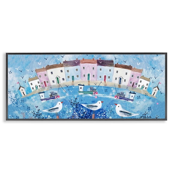 Stupell Industries Coastal Seaside Harbor Curved Perspective Black Framed Giclee Art, 24 x 10, by Clare Tupper