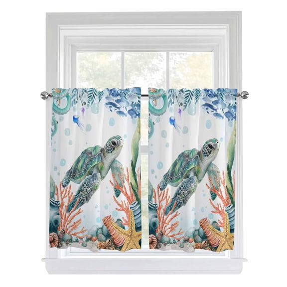 Sea Turtle Coastal Living Room Curtains 2 Panel, Summer Nautical Starfish Coral Ocean Cafe Window Treatment, Farmhouse Bedroom Bathroom Kitchen Curtains Drapes 104"x45"