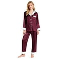thumbnail image 2 of Ensemble de Pyjama en Satin pour Femmes, Couleur Unie avec Garniture Contrastée, Haut à Manches Longues avec Col Cranté et Pantalon, Détail de Manchette Contrastée Élégant, Pyjama Boutonné Violet G, 2 of 8