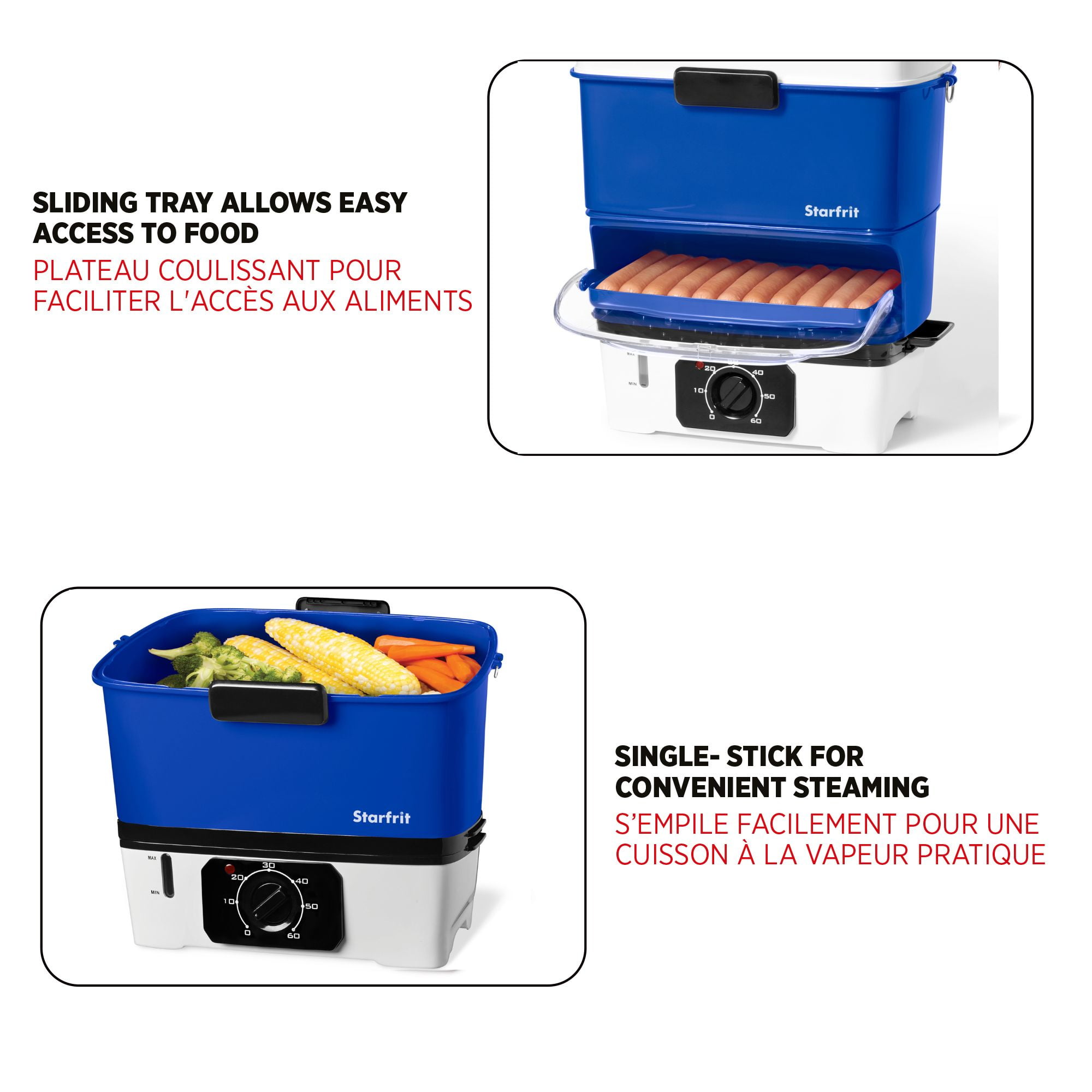 Starfrit Electric Hot Dog Steamer, Steams up to 12 Hot-Dogs, Nestable Components for Easy Storage, Special Edition Blue