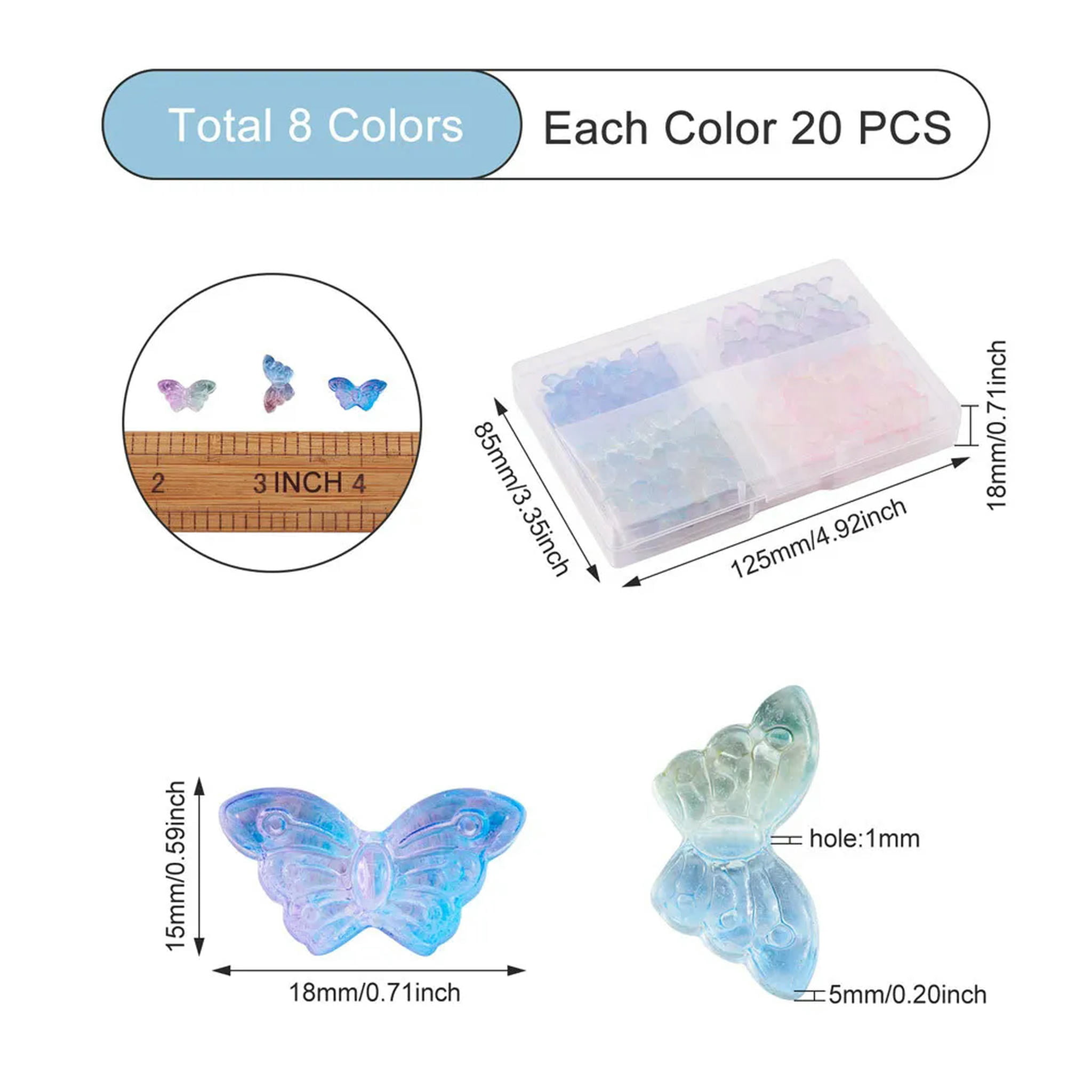 EOEMY 160Pc 20Pc/Color Two Tone Glass Butterfly Pendants Colorful Dangle Charms 15X8mm