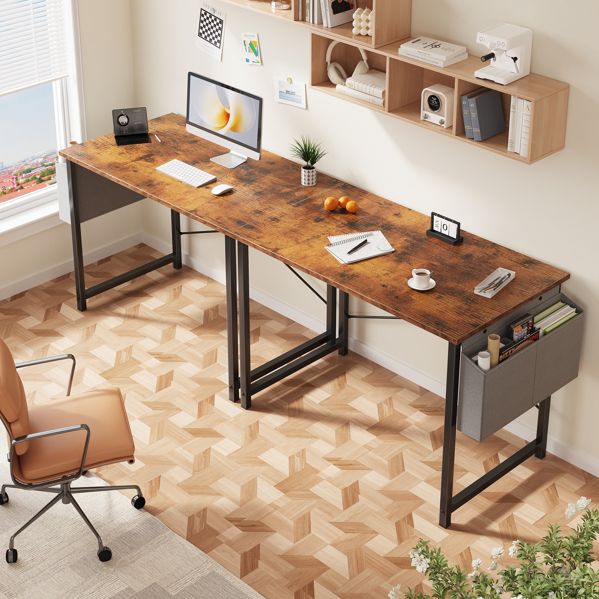 CONCETTA 40 Inch Computer Writing Desk with Storage Bag, Steel Frame for Home Office Study, Brown