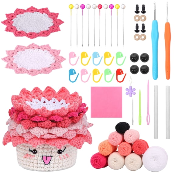 6 Piece Crochet Kit for Beginners Cute Potted Plant Cup Mats Crochet Kit with Step by Step Video Tutorials Yarns for Adult DIY Crafts