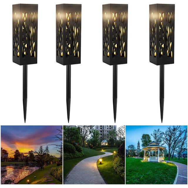 4 piezas de luz solar para jardín con estaca de tierra, lámparas solares LED de color blanco cálido, antorcha solar para jardín, luz decorativa para jardín, patio, aceras, césped