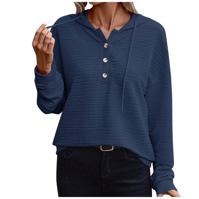 Yuyuzo Women Sweatshirts Long Sleeve Button Hooded Neck Casual Drawstring Solid Pullover Fall Tops