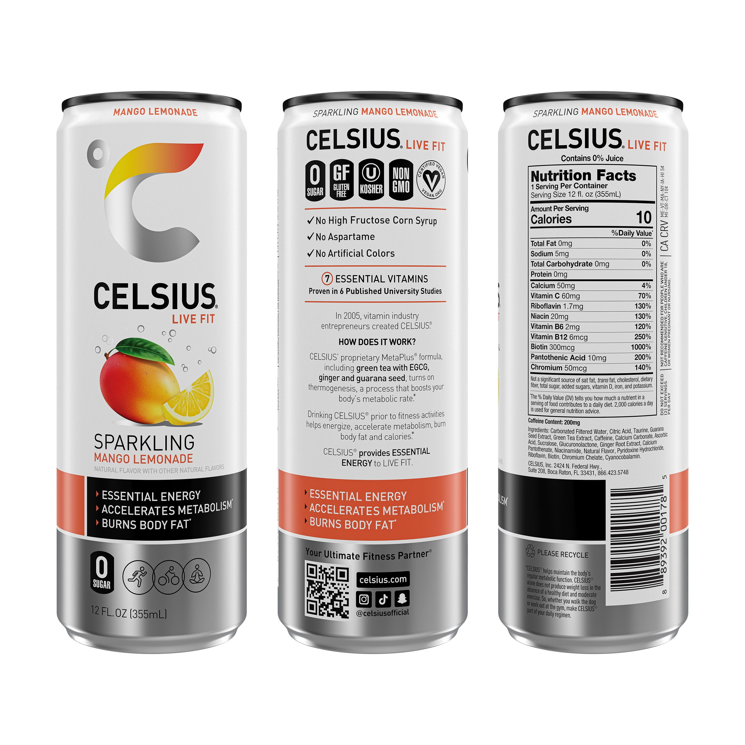 CELSIUS Sparkling Mango Lemonade, Functional Energy Drink 12 fl oz Single Can