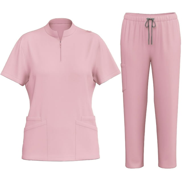 Uniforme d'Infirmière Extensible Ensemble 2 Pcs Femme à la Mode avec Chemise à Fermeture Éclair et Pantalon Tenue de Travail Médicale