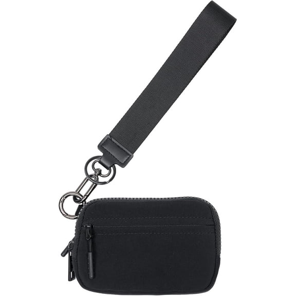 Wristlet Wallet for Women, Small Nylon Zipper Coin Purse Card Holder Mini Pouch with Keychain Wrist Strap, Black