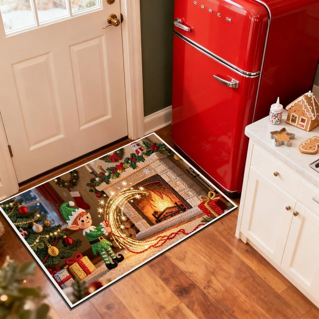 Christmas Holiday Embroidery Style Non-Slip Absorbent Kitchen Floor Mat, Washable Indoor Doormat for Entryway Bathroom Laundry Room Decor