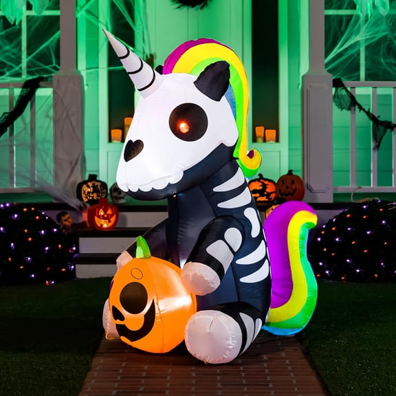 Joiedomi Esqueleto inflable de Halloween de 5 pies, decoración de Halloween al aire libre, decoraciones de Halloween, esqueleto sentado, unicornio con LED para decoraciones de Halloween en el exterior