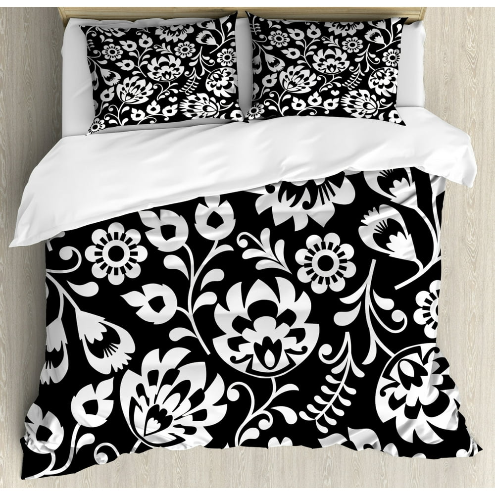 Folk Art Duvet Cover Set, Monochromatic Polish Traditional Botanical