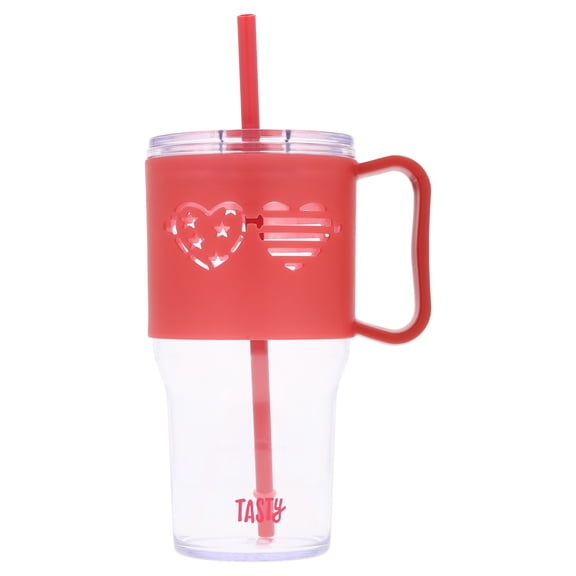 Tasty 40 oz Plastic Tumbler with Lid and Straw, Glow-in-the-Dark Handle, Heart Sunglasses Design, Red