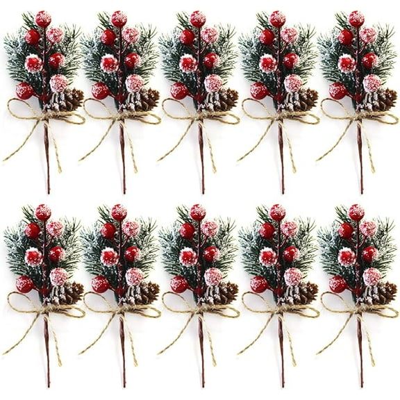 ZOELNIC 10 Pcs Christmas Picks Decorations Artificial Pine Branches Stems Spray with Pine Cones Faux Pine Picks Red Berry Holly Leaves for Craft Floral Christmas Wreath Picks Ornaments