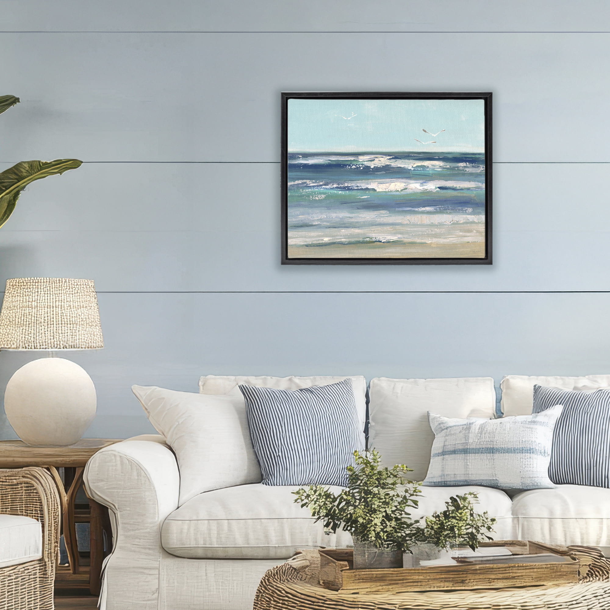Stupell Industries Seagulls over Rolling Waves Black Framed Floater Canvas Wall Art, design by Sally Swatland