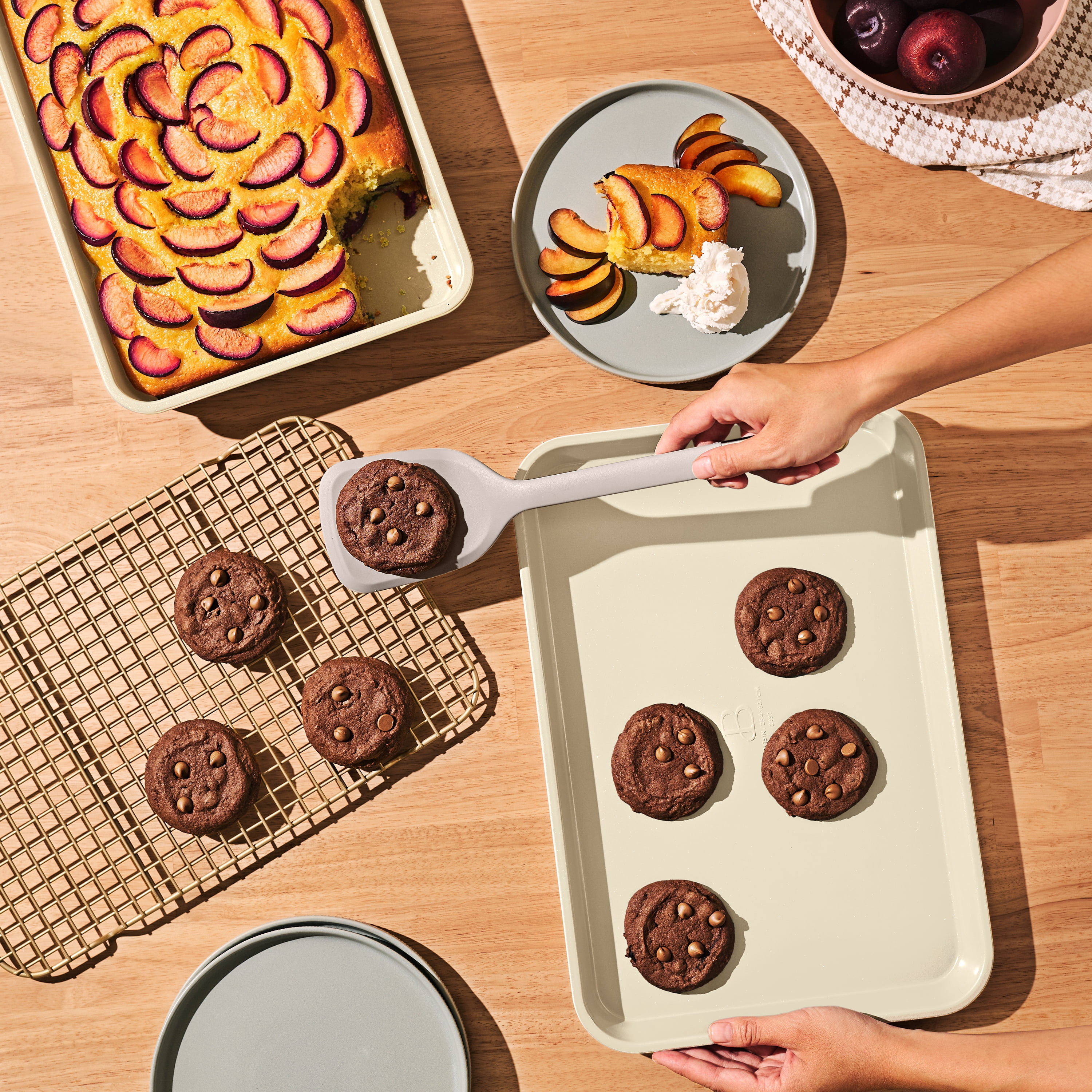 Beautiful 3-Piece Nonstick Metal Bakeware Set with Baking Sheet, 9" x 13" Cake Pan & Cooling Rack, Chocolate Brown by Drew Barrymore
