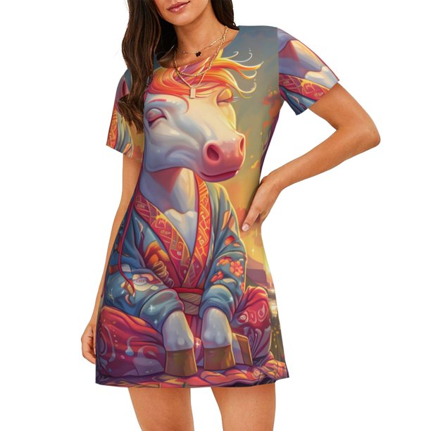 Fotbe Meditating Cute Horse Bata de Dormir para Mujer con Estampado, Camisón de Algodón de Manga Corta, Ropa de Dormir Casual