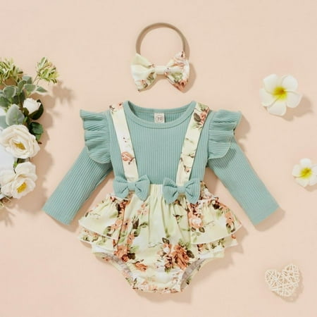 

Baby Clothes for Girl Infant Newborn Baby Girl Floral Summer Outfits Ruffle Ribbed T-Shirt+ Suspender Shorts Pants+Headband