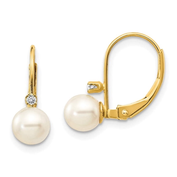 14k Gold 5-6mm White Round Freshwater Cultured Pearl AA Diamond Leverback Earrings