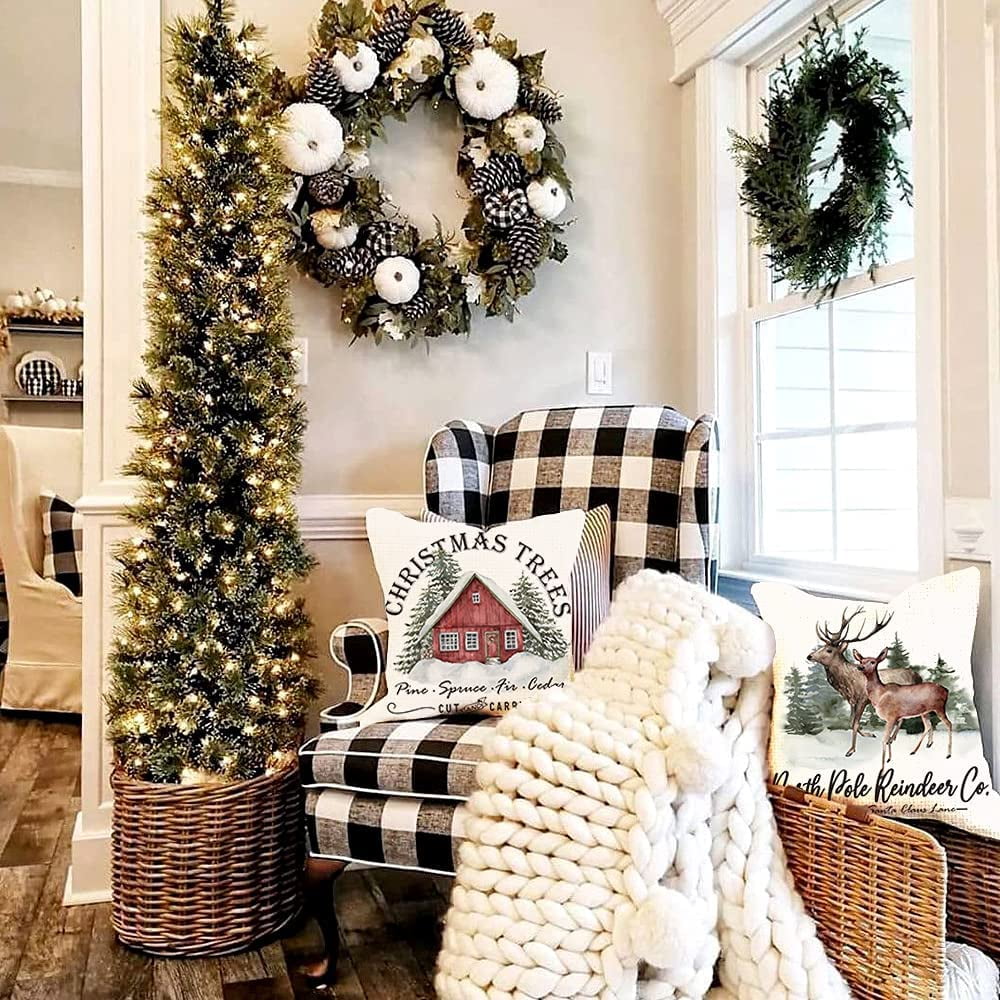Htooq Christmas Pillow Covers 20x20 Set Of 4 For Christmas Decorations Christmas Tree Red Truck Hot Coco Christmas Pillows Winter Holiday Throw Pillow