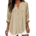 thumbnail image 4 of Paiwinds Women's Linen V-Neck Top with 3/4 Sleeves, Casual Loose Fit Button Front Blouse with Pockets, Solid Color Summer Tunic for Ladies, 4 of 9