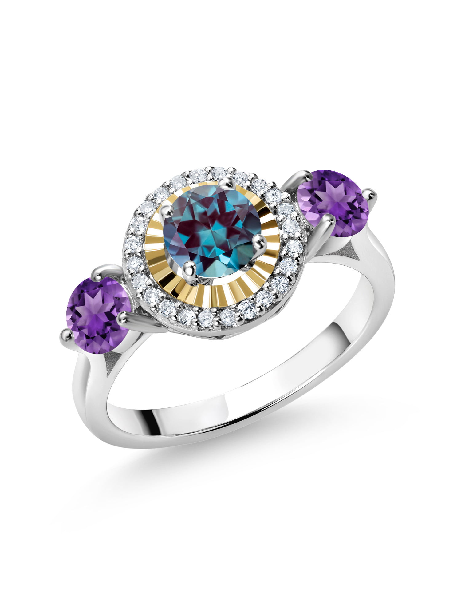 Gem Stone King 1.20 Ct Purplish Created Alexandrite Purple Amethyst 925  Silver and 10K Yellow Gold Lab Grown Diamond 3 Stone Women Engagement Ring