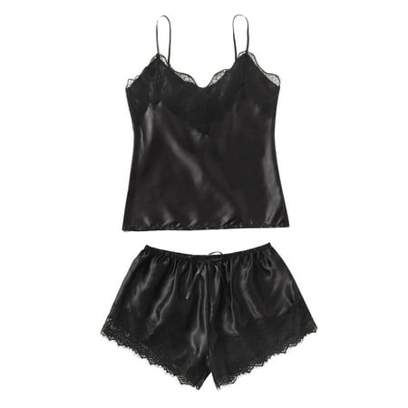 

Mikilon Ladies Fashion Solid Color Erotic Lace Sexy Deep V Satin Sexy Camisole Top Short Pajama Suit Womens Clothing Valentines Day Summer Deal