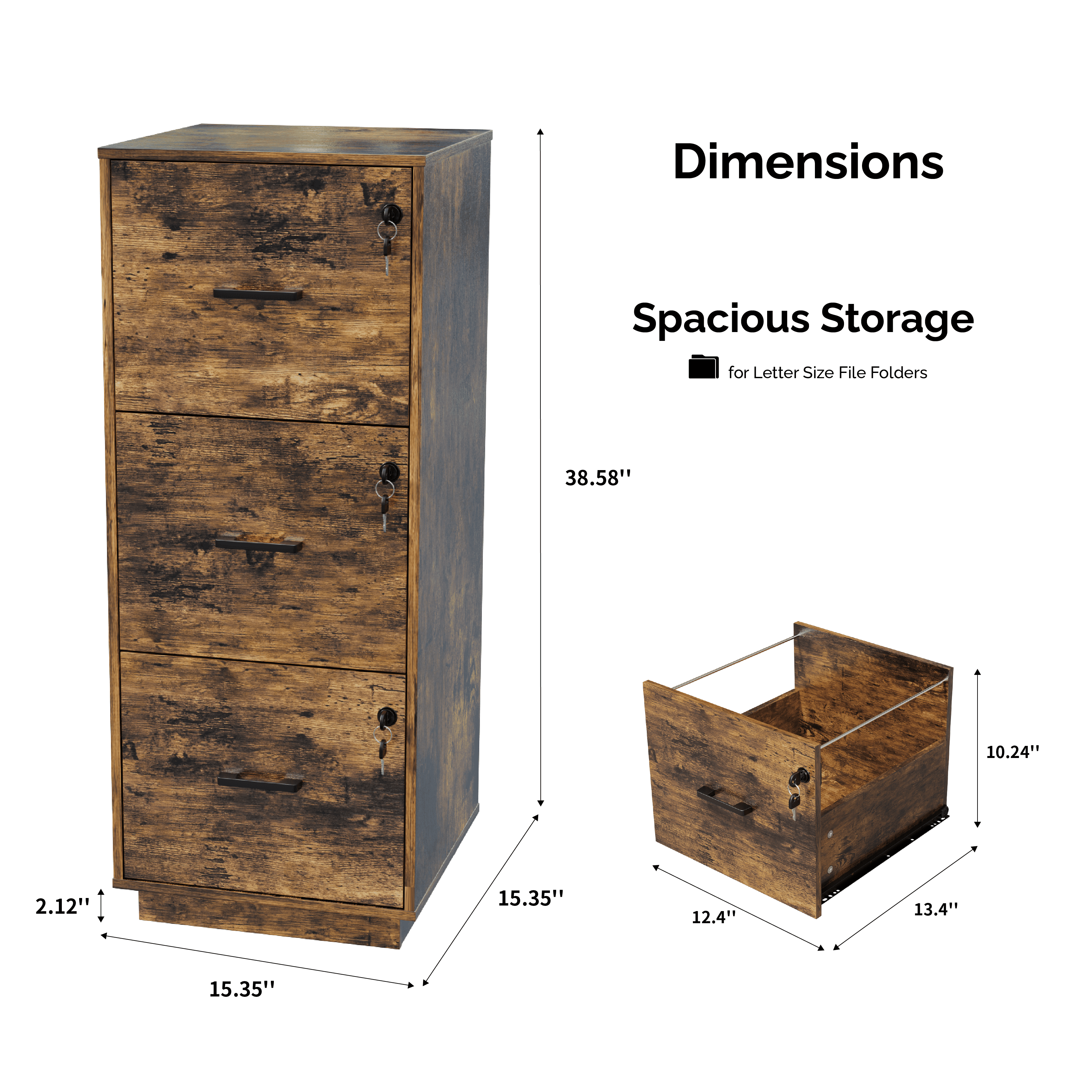Ktaxon 3-Drawer Wood File Cabinet with Lock Vertical Filing Cabinet for Home Office Easy to Assemble, Rotten