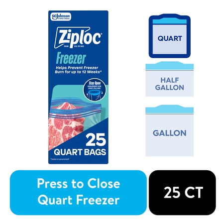 Ziploc Brand Freezer Food Storage Bags, School Supplies, with Grip 'n Seal Technology, Zipper, Quart, 25 Count